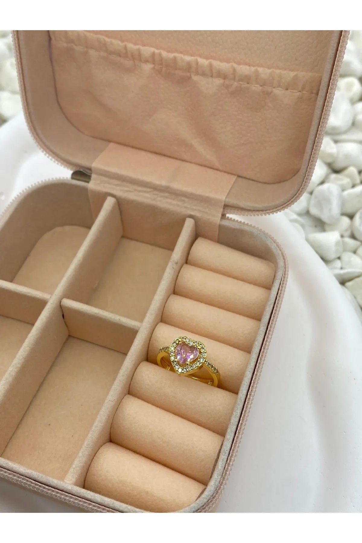 Ayarlanabilir Çelik Gold & Pembe Renk Kalpli Yüzük Ciddi İlişki Yüzüğü