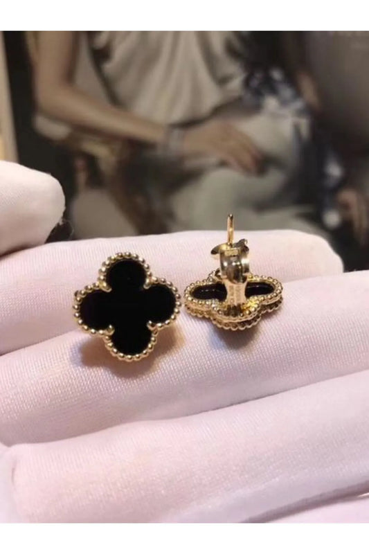 Siyah Renk Gold Taşlı Paslanmaz Çelik Yonca Küpe