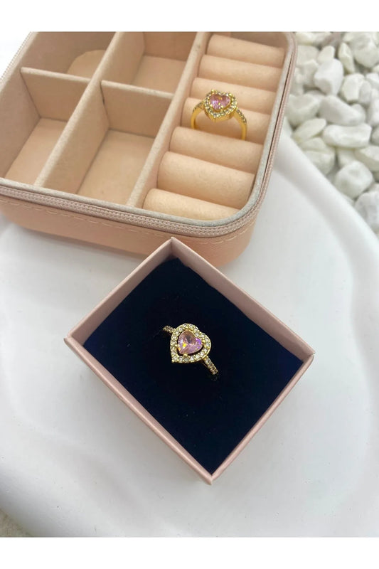 Ayarlanabilir Çelik Gold & Pembe Renk Kalpli Yüzük Ciddi İlişki Yüzüğü